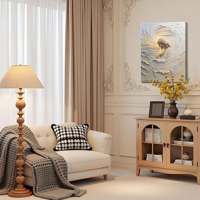 Framed Christian Jesus Canvas Wall Art, Jesus With Golden Halo Wall Decor Paintings, Religious Bible Posters Prints Pictures Artwork for Church Living Room Bedroom Home Decor 16x24 Inch