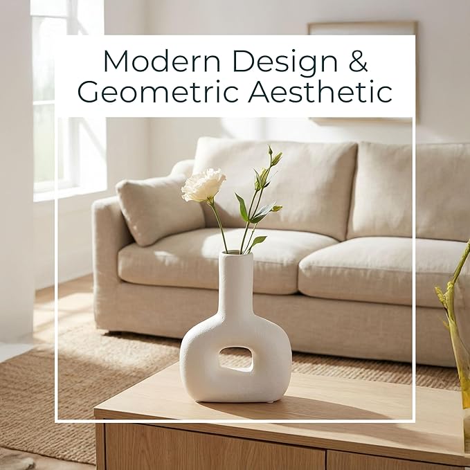 Modern Open-Cut Dolomite Vase for Living Room Decor and Home Accents - Decorative Flower Vase for Room, Bedroom or Office Display - Elevate House Display and Console Table Decor - 8", Ivory
