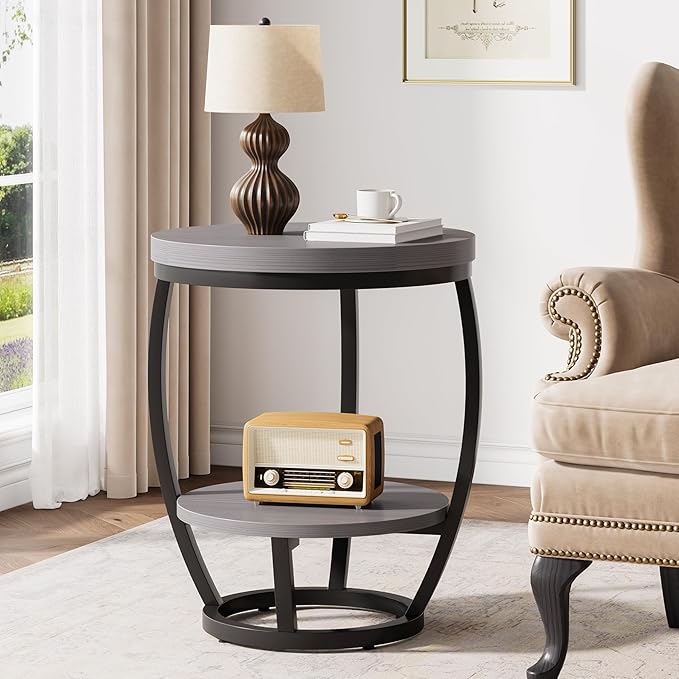 Round End Table, 2 Tier Industrial Side Table, Nightstand with Metal Frame, Accent Bedside Table with Storage Shelves for Living Room, Bedroom, Small Spaces, Gray Brown & Black