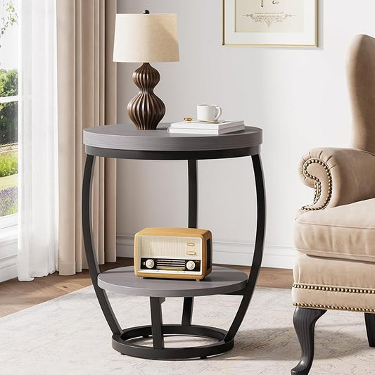 Round End Table, 2 Tier Industrial Side Table, Nightstand with Metal Frame, Accent Bedside Table with Storage Shelves for Living Room, Bedroom, Small Spaces, Gray Brown & Black