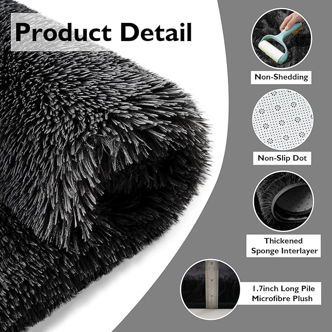 Shag Area Rug for Bedroom 3x5,Black Fluffy Area Rugs for Living Room,Soft Fuzzy Rug Non-Shedding Indoor Plush Carpet for Kids Bedroom Nursery Dorm Home Decor