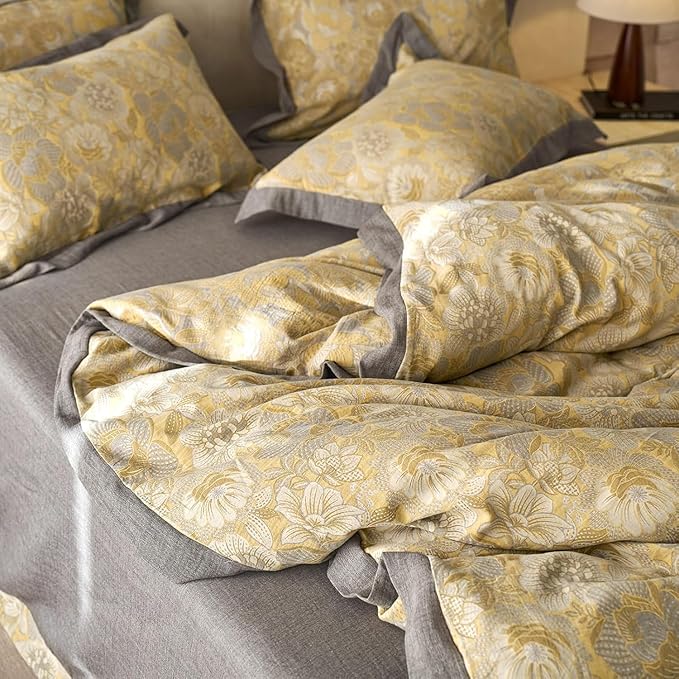 LifeTB Vintage Floral Duvet Cover Set Full Yarn-Dyed Linen Cotton Jacquard Duvet Cover with 2 Pillowcases Yellow Gold Flower Bedding Set Cottagecore Floral Botanical Duvet Cover with Zipper Closure