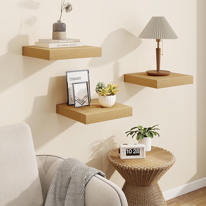 Marsmiles Square Floating Shelves for Wall, 8" W x 8" D x 1.25" H, 3 Pack Small Wall Mounted Engineered Wood Shelves with Invisible Brackets for Living Room, Bedroom, Bathroom, Kitchen Decor, Oak