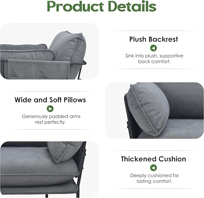 AYEASY Accent Chair, Oversized Living Room Chairs, Modern Armchair with Side Storage Pockets, Cozy Reading Chair with 2 Soft Pillow, Comfy Fabric Single Sofa Chair for Nursery, Bedroom, Blue Gray