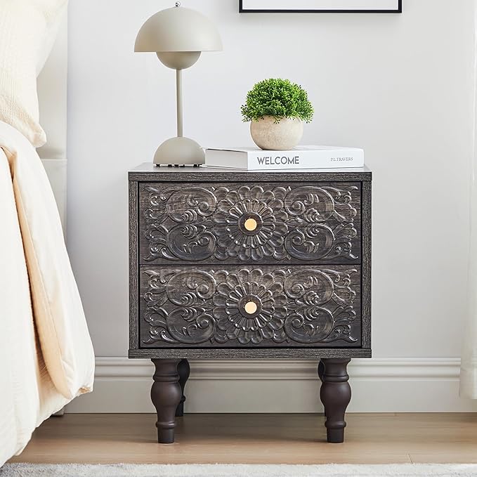 Nightstand, Farmhouse Bedside Table with 2 Drawers and Metal Handles, Wood Sofa Side Table End Table Accent Dresser for Bedroom, Living Room (Black Brown) (15.75 x 16.02 x 18.15 Inch)