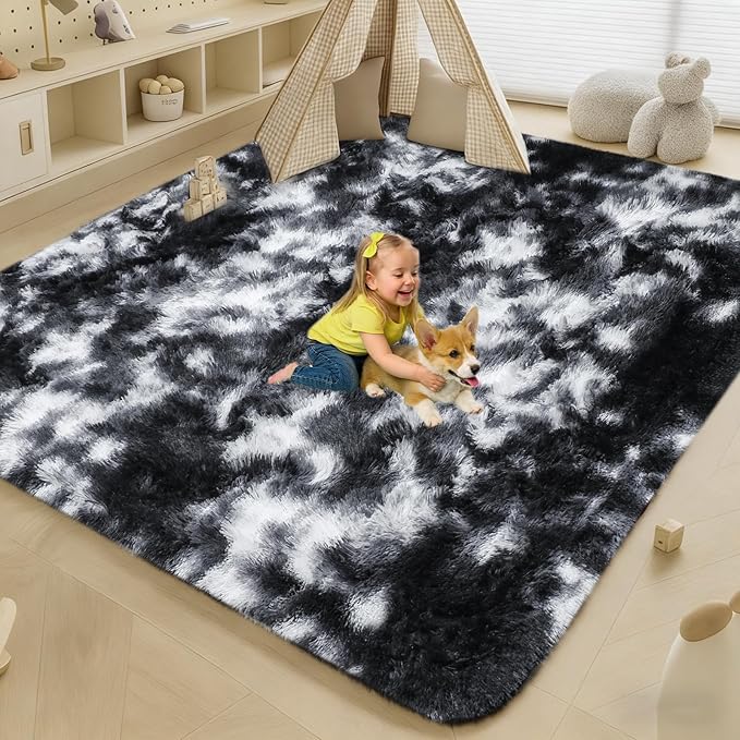Mtandyx 5x7 Plush Fluffy Area Rugs, Large Soft Carpet, Upgraded Non-Slip Rectangular Rug for Living Room, Bedroom, Kids Room, Dorm, Modern Home Decor Aesthetic,Black White Grey.