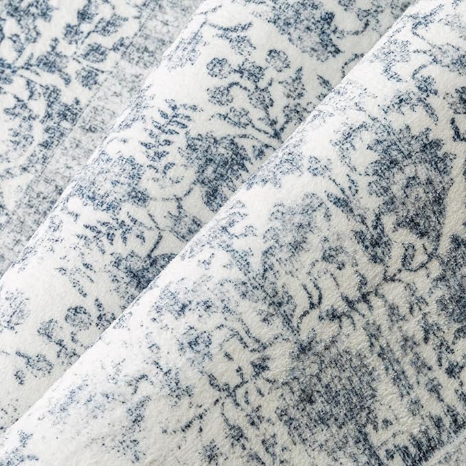 PureCozy Navy Blue Area Rug 5x7 Machine Washable Vintage Living Room Distressed Non Slip Carpet Traditional Indoor Bedroom Retro Floral Accent Throw Large Rug for Office Kitchen Bathroom Dining Room