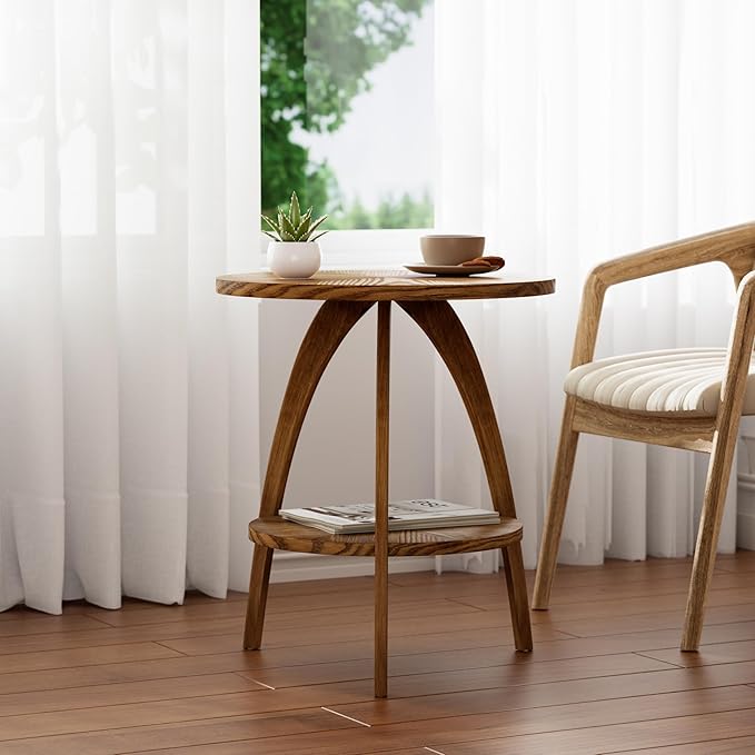 COZAYH Wood Round End Table with Storage Shelf, Walnut Finish Mid-Century Modern Accent Side Table with Curved Legs for Living Room, Easy Assembly, Stylish, Natural, Brown