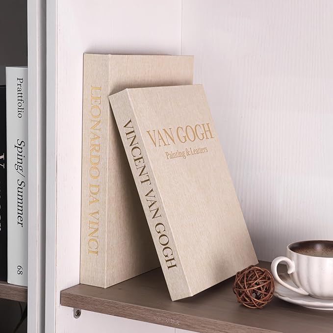 Premium Decorative Books - Set of 2 - Linen Storage Box for Coffee Table Faux Decor Boxes for Bookshelf Fake Books for Decoration for Living Room - Modern Home (Beige & Beige)