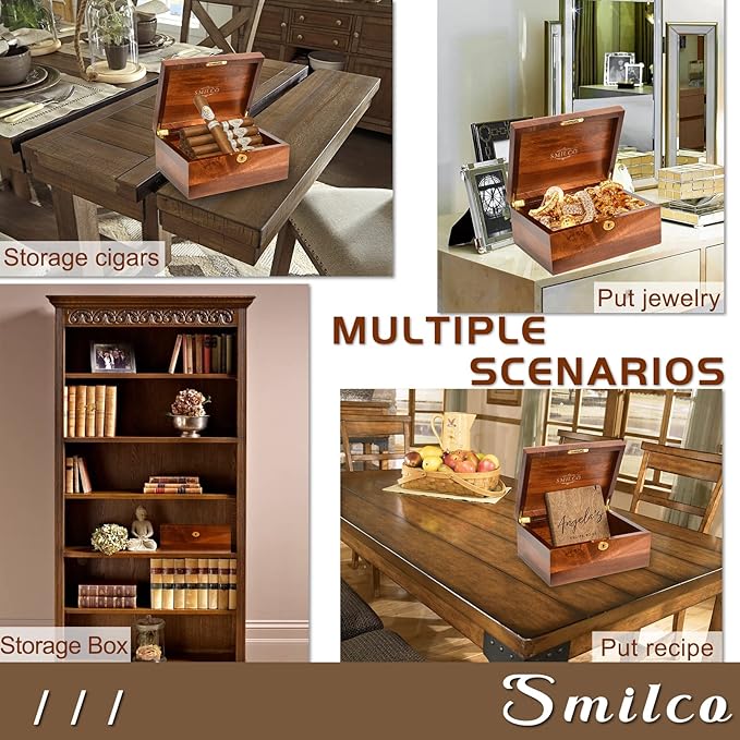 Smilco Wooden Storage Box with Hinged Lid Acacia Wood Hand-Crafted Wooden Box for Recipes Decorative Storage or as Keepsake