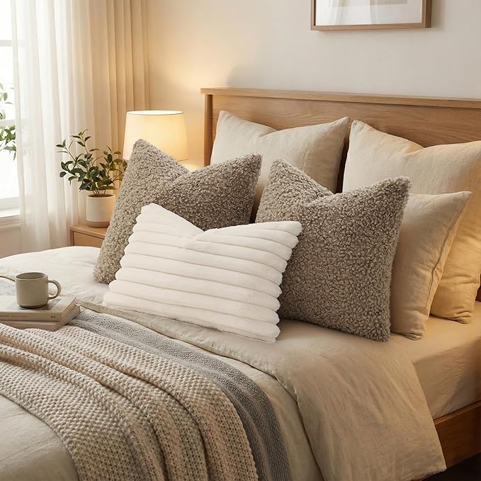 decorUhome Pack of 2 Throw Pillow Covers 18x18 Inch, Faux Fur Decorative Sherpa Pillow Covers Fuzzy Accent Soft Sheepskin Fleece Pillow Cases for Couch Living Room Bed, Khaki
