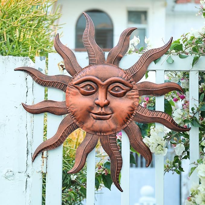 VCUTEKA 27" Sun Metal Wall Art Outdoor Decor Moon Wall Decoration Metal Wall Sculpture Hanging Garden Wall Art Wall Sculpture for Indoor Outdoor Patio Fence Decoration Brown