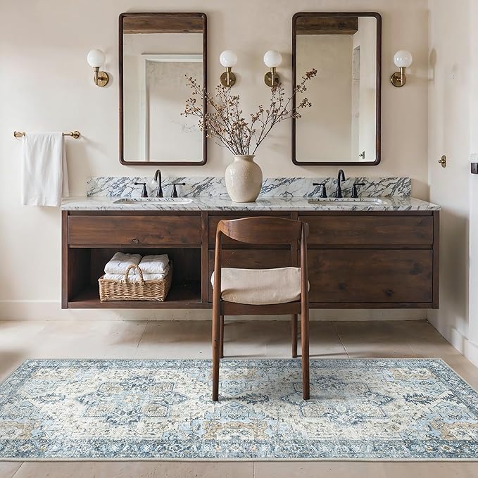 BESBLEE Runner Rug 2'6''x6, Non Slip Vintage Hallway Runner Rugs, Machine Washable Runners, Low Pile Lightweight Mat for Entryway, Hallway, Kitchen and Corridor, Blue
