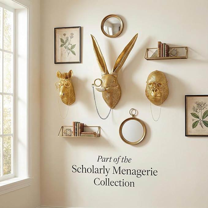 Juedawyal Gold Animal Head Wall Decor – Golden Rabbit Head with Monocle, 10” Resin Scholarly Animal Wall Sculpture