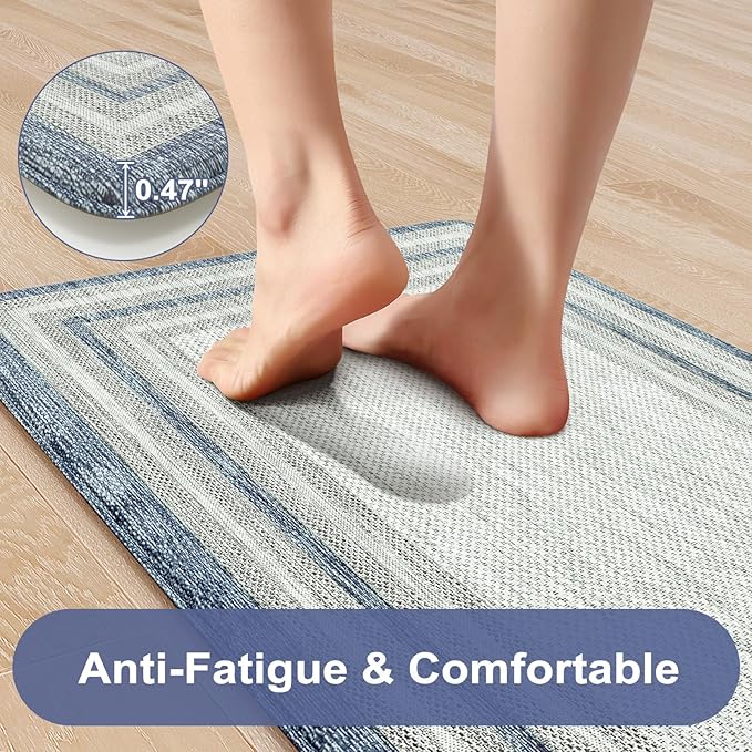 KIMODE Anti Fatigue Kitchen Mat 2PCS,Non-Skid Waterproof Kitchen Rugs,Farmhouse Kitchen Mat for Floor,Cushioned Comfort Foam Standing Mat for Laundry,Office,Sink,Desk,Blue and Gray