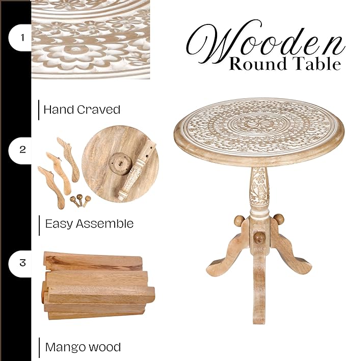 The Wooden Town Round End Table, 18x21 Inch, White Wash, Handcrafted Engraved Carved Side Table with Pedestal Base, Solid Mango Wood