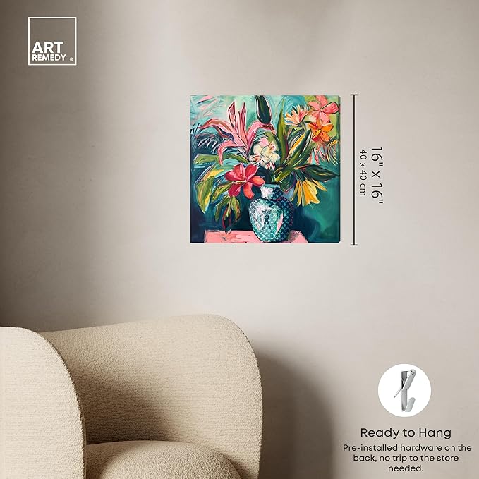 Art Remedy Vase Of Tropical Flowers Gallery Wrapped Flowers In Vase Paintings, 16" x 16", Gallery Wrapped