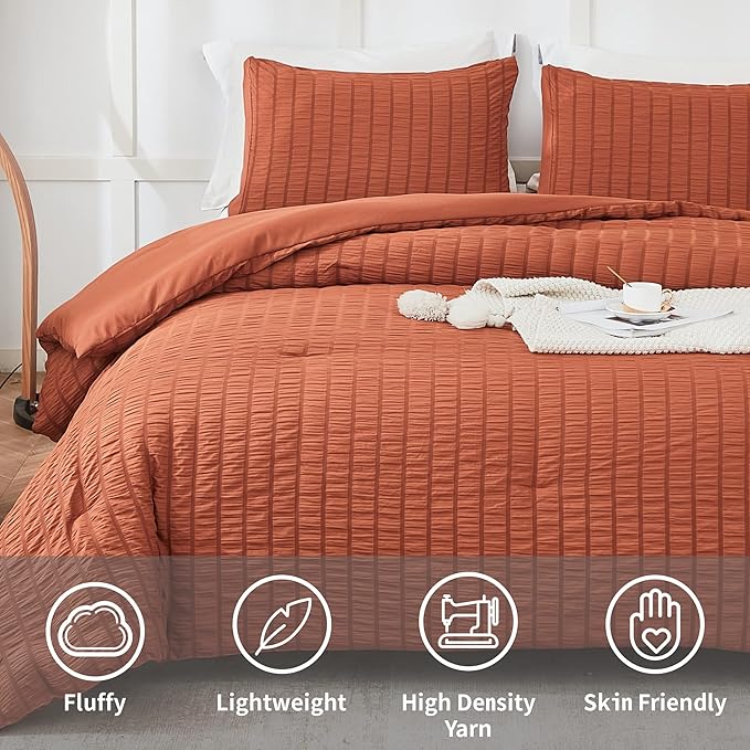 AveLom Terracotta Seersucker Comforter Set - Full Size, 80x90 Inches, 3 Pieces, Machine Washable