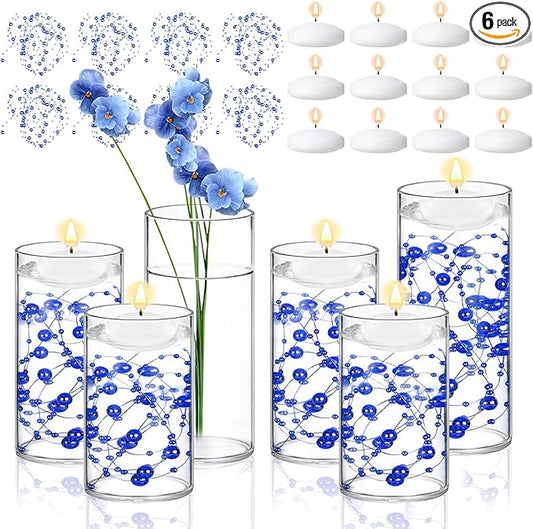 6 Set Glass Cylinder Vase with 8 Artificial Pearl String 12 White Floating Candle Multi-Size Cylinder Vase for Centerpieces 4"+ 6" + 8" Glass for Wedding Party Table Decor (6 Pcs-Blue)