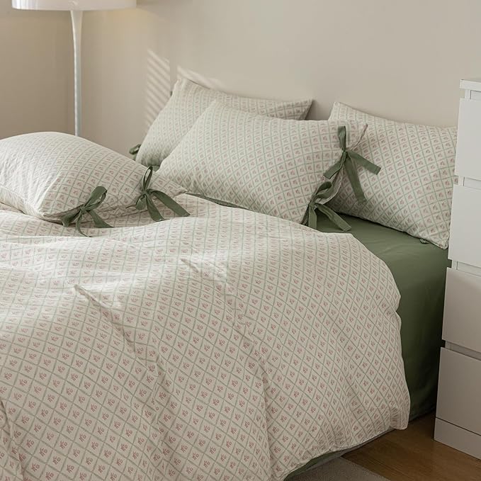 Pink Floral Duvet Cover Twin XL Chic Plaid Grid Duvet Cover with 2 Bowknot Pillowcases Vintage Boho Floral Bedding Set Aesthetic Cute Flower Comforter Cover Soft Cotton Girls Cottagecore Bedding Set