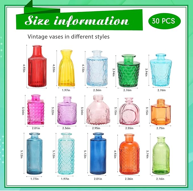 Yaomiao 30 Pcs Vases Bulk Colored Flower Glass Bud Vases Valentine Vintage Colored Glass Bottles Colorful Rustic Embossed for Home Wedding Table Decorations Gifts(Bright Color)
