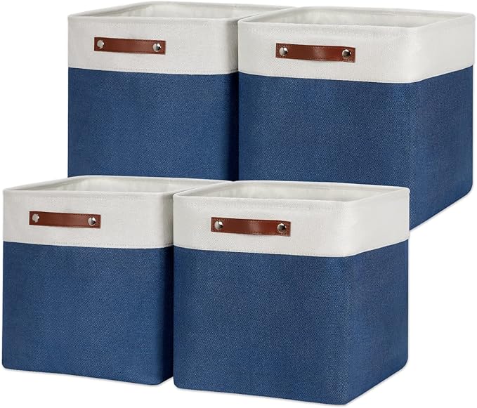 HNZIGE Cube Storage Baskets for Shelves, Fabric Storage Basket with Handles for Organizing Clothes, Toys, 13 inch Cube Storage Bins for Storage Clothes, Toys, Closet, Nursery(Blue White)