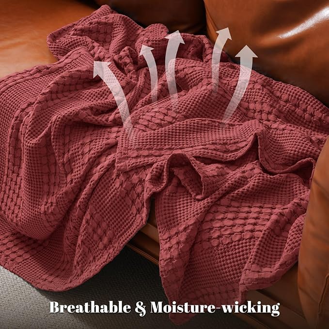 PHF 100% Cotton Waffle Weave Blanket Queen Size for Bed, Soft Lightweight & Breathable, All-Season Comfort, 300 GSM Luxury Aesthetic Blanket for Home Decor, 90"x90", Wine Red
