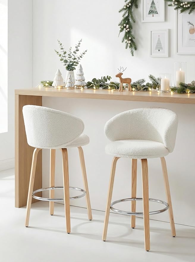 LukeAlon Modern Single Sherpa Counter Stool, Upholstered 26" Seat Height Low Bar Stools with Wood Legs Armless Counter Height Bar Chairs with Footrest for Kitchen Dining Room, Fur White