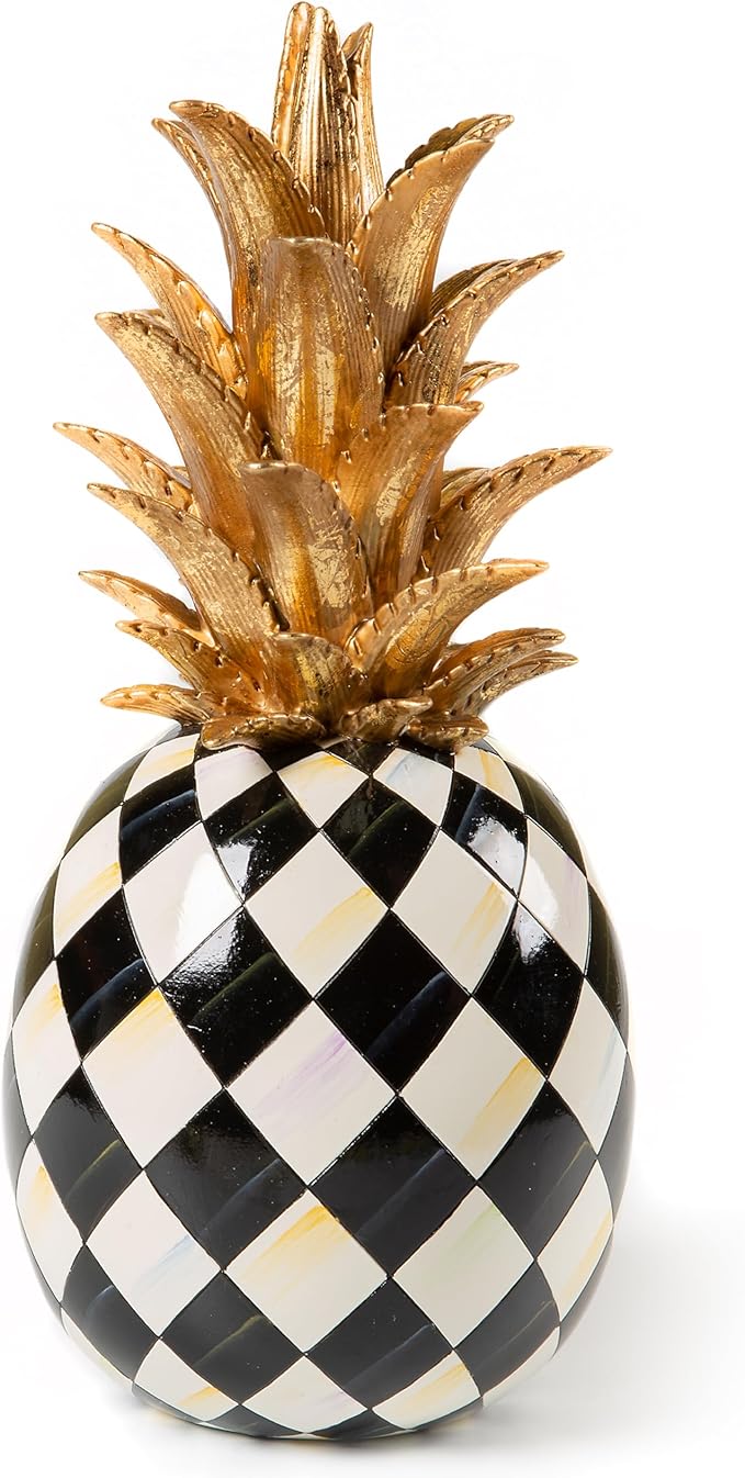 MACKENZIE-CHILDS Marquee Pineapple Sculpture, Decorative Pineapple Decor for Home, Black-and-White Courtly Harlequin