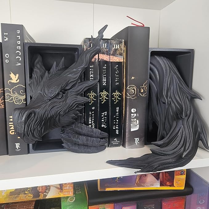 Dragons Awakening Book End – Fantasy Book Nook Insert for Dragon Readers – Unique Home Decor for Bookshelves & Libraries (Head and Tail - Shadow Dragon)
