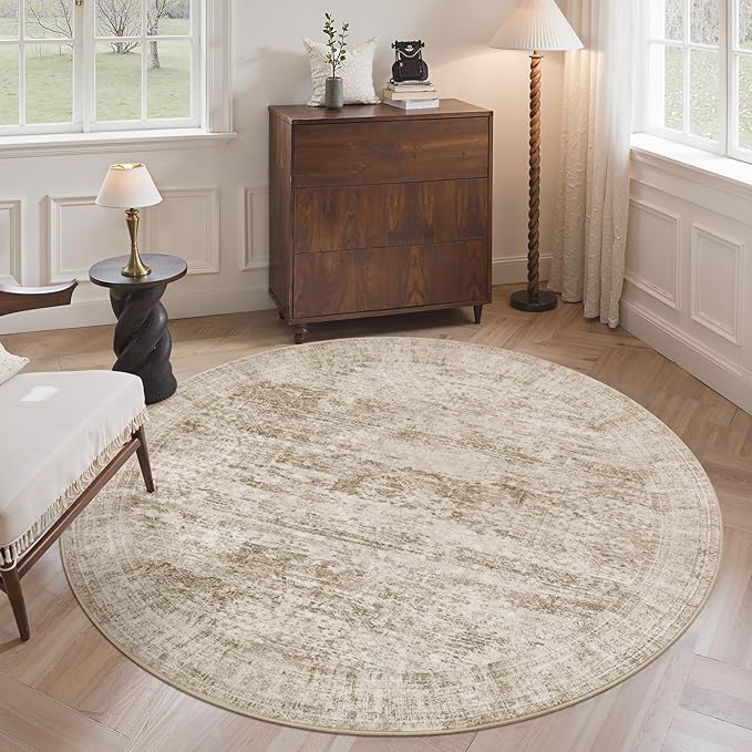 Soalmost 5x5 Brown Round Rug 5ft Living Room Circle Rug Vintage Round Area Rug Non Slip Indoor Carpet for Entryway Dining Room Bedroom