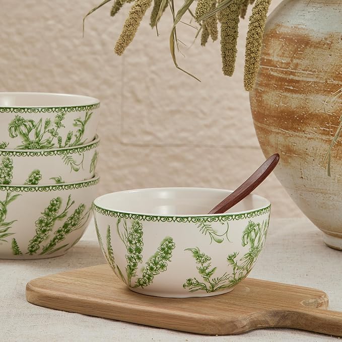 Bico Green Garden Toile De Jouy Cereal Bowls Set of 4, 26 oz Deep Ceramic Soup Bowls for Cereal, Salad, Noodles, Kitchen, Microwave and Dishwasher Safe, Gift for Housewarming and Thanksgiving