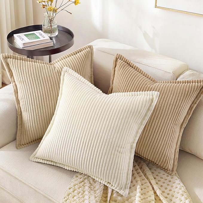 decorUhome Spring Corduroy Beige Throw Pillow Covers 18x18 Set of 2 Decorative Soft Boho Farmhouse Couch Pillow Covers for Living Room Bed Sofa Broadside Striped Pillow Cases