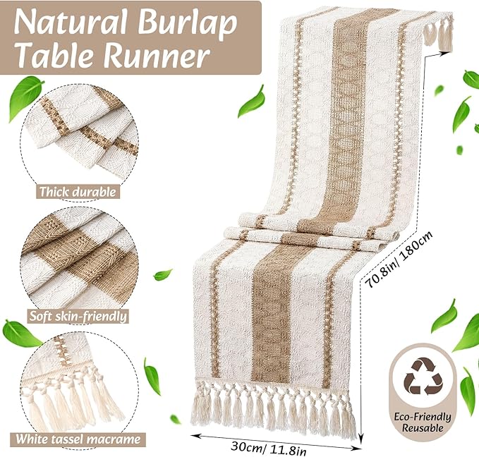 6 Sets Boho Placemats Round Woven Placemats, Cloth Napkins, Wood Bead Napkin Rings, Long Table Runner and Farmhouse Rustic Burlap Cotton for Kitchen Dining Table Home (Khaki C)