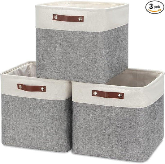 HNZIGE Storage Foldable Storage Baskets Cubes Set(3 Pack) Fabric Bins for Shelves,13 Inch Storage Basket for Organizing with Leather Handles for Home, Toys, Clothes,Closet Storage(White&Gray)