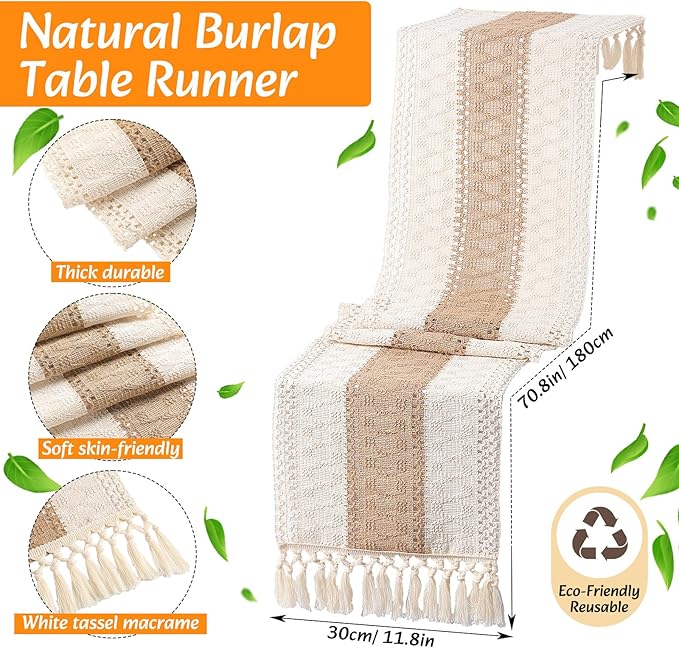 6 Sets Boho Placemats: Round Woven, Rectangular Boho, Wooden Bead Napkin Rings, Cloth Napkins, Long Table Runner & Storage Basket - Natural Burlap Cotton for Kitchen Dining Table Home