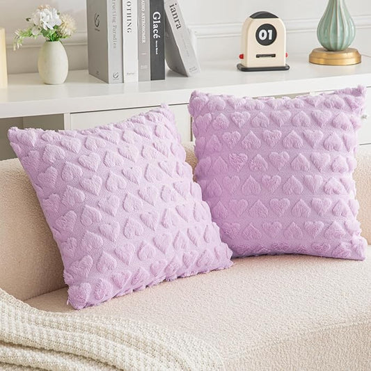 AQOTHES Set of 2 Heart Love Cute Purple Decorative Valentines Throw Pillow Covers 20x20, Soft Plush Faux Fur Pillow Covers for Couch Sofa Home Valentines Day Decoration