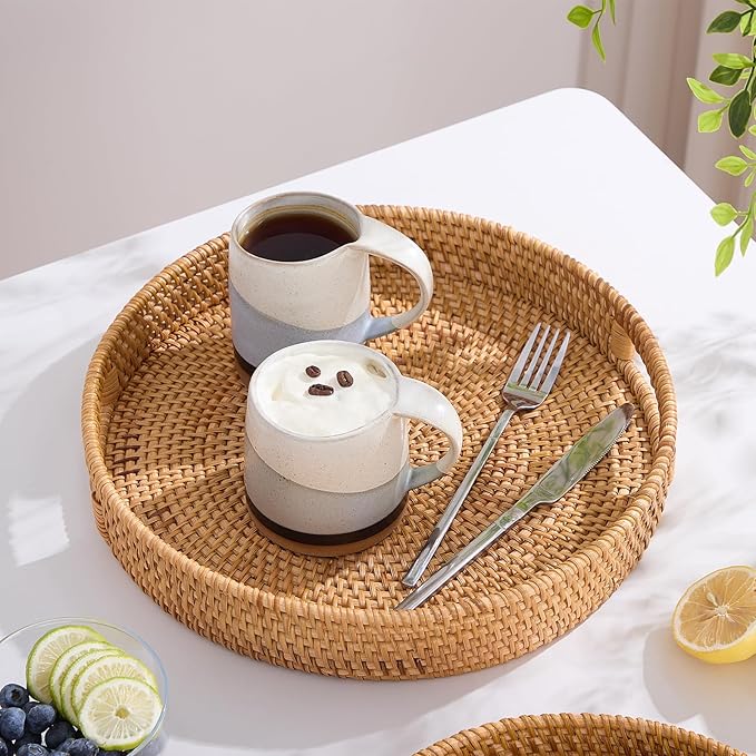 Round Rattan Serving Tray,Hand-Woven Tray with Handles, Ottoman Decorative Coffee Table Tray,Wicker Storage Basket for Tea,Fruit,Bread (Natural, 13.5")