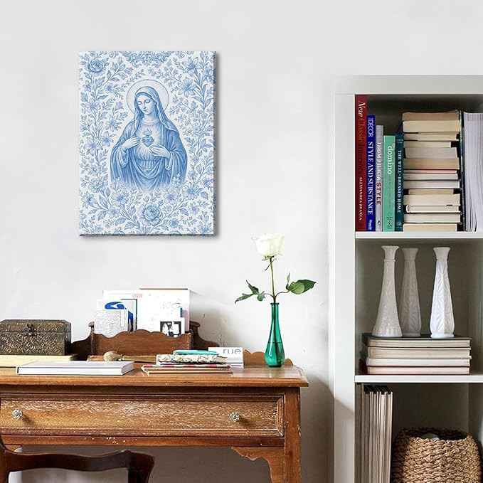 Blue Virgin Mary Immaculate Heart Canvas Wall Art Christian Catholic Wall Decor Our Lady of Guadalupe Portrait Poster Prints Religious Bible Artwork for Living Room Prayer Room Church 12x16in