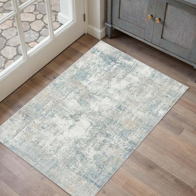 WondRg 2x3 Washable Area Rug Blue Cream Abstract Entryway Kitchen Throw Rug Neutral Modern Non Slip Soft Low Pile Lightweight Small Carpet for Bathroom Living Room Bedroom