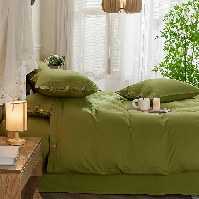 JELLYMONI Christmas Duvet Cover Twin Size - Avocado Green Comforter Cover with Button 100% Washed Cotton 2PCS Breathable Soft Solid Bedding Set Duvet Cover 68×90in & 1 Pillowcase (NO Comforter)