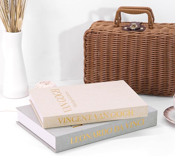 Premium Decorative Books - Set of 2 - Linen Storage Box for Coffee Table Faux Decor Boxes for Bookshelf Fake Books for Decoration for Living Room - Modern Home (Beige & Sage)