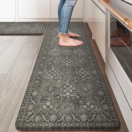 KIMODE Anti Fatigue Kitchen Mat 2PCS,Waterproof Farmhouse Green Kitchen Rugs Non-Slip,Vintage Kitchen Mat for Floor,Cushioned Comfort Foam Standing Mat for Laundry,Office,Sink,Desk
