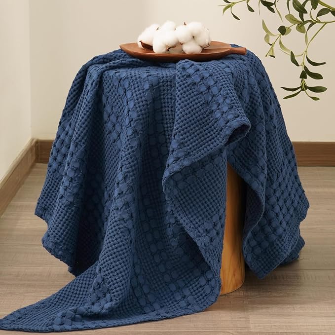 PHF 100% Cotton Waffle Weave Throw Blanket, Soft Lightweight Breathable Cozy Throws for Couch Bed Sofa, 300 GSM Luxury Aesthetic Blanket Gift for Home Decor & Office, 50"x60", Bright Navy