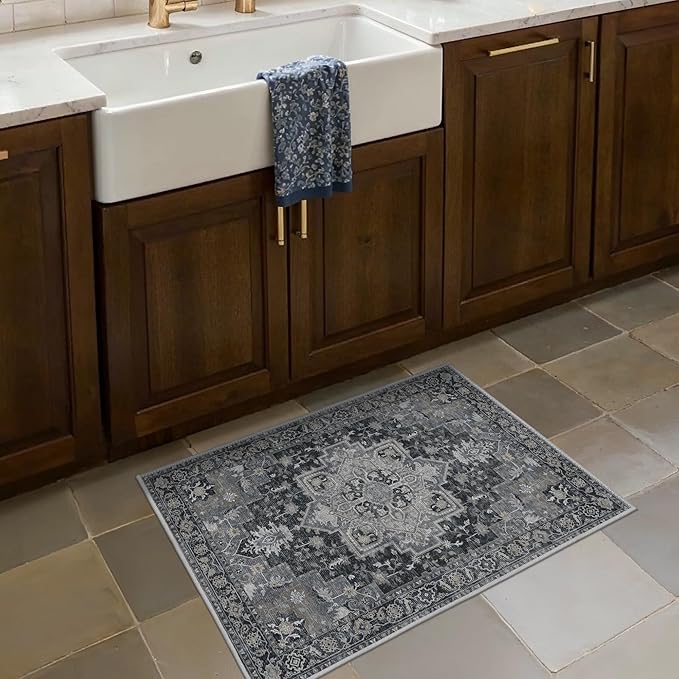 BESBLEE Area Rug 2x3 Doormat, Machine Washable Low Pile Rugs, Small Retro Entryway Mat for Entrance, Hallway, Kitchen and Corridor, Dark Gray