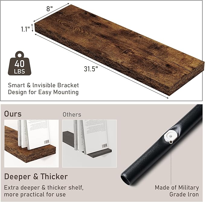 Floating Shelves for Wall, 32W x 8D Floating Wall Shelves with Invisible Brackets Set of 2, Hanging Rustic Wood Shelf Decoration for Bedroom, Bathroom, Living Room and Kitchen, Rustic Brown