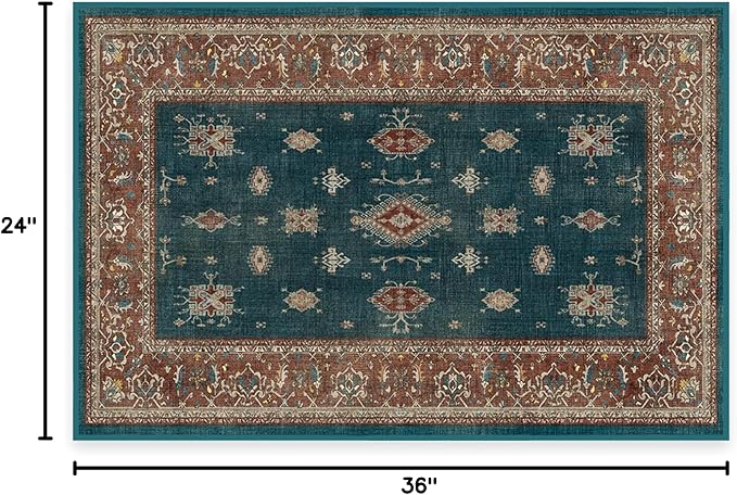 RUGGABLE Washable Vintage Area Rug – Verena Teal Blue 2x3, Stain-Resistant, Non-Slip – Small Machine Washable Rugs for Living Room, Bedroom, Hallway, Entryway & Bathroom–with Standard Pad
