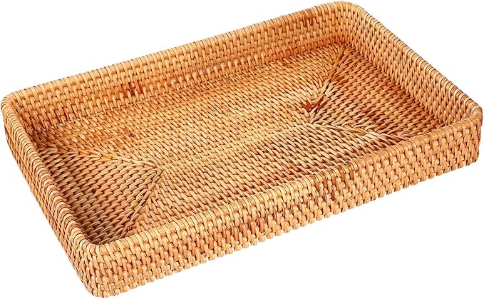 Wicker Storage Basket Rattan Tray Rectangular Wicker Basket Decorative Serving Tray Fruit Baskets Food Serving Holders Woven Baskets for Storage Home Kitchen Restaurant Decor