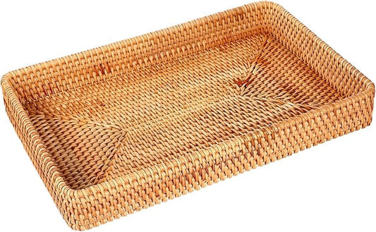 Wicker Storage Basket Rattan Tray Rectangular Wicker Basket Decorative Serving Tray Fruit Baskets Food Serving Holders Woven Baskets for Storage Home Kitchen Restaurant Decor