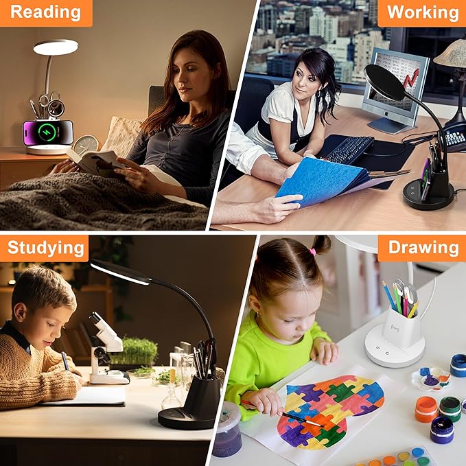 Desk Lamp with Wireless Charger, LED Desk Lamp for Home Office with Pen Holder, Dimmable Eye-Caring Study Desk Light Flexible Arm 3 Color Modes for College Dorm, 800 Lumens CRI 90
